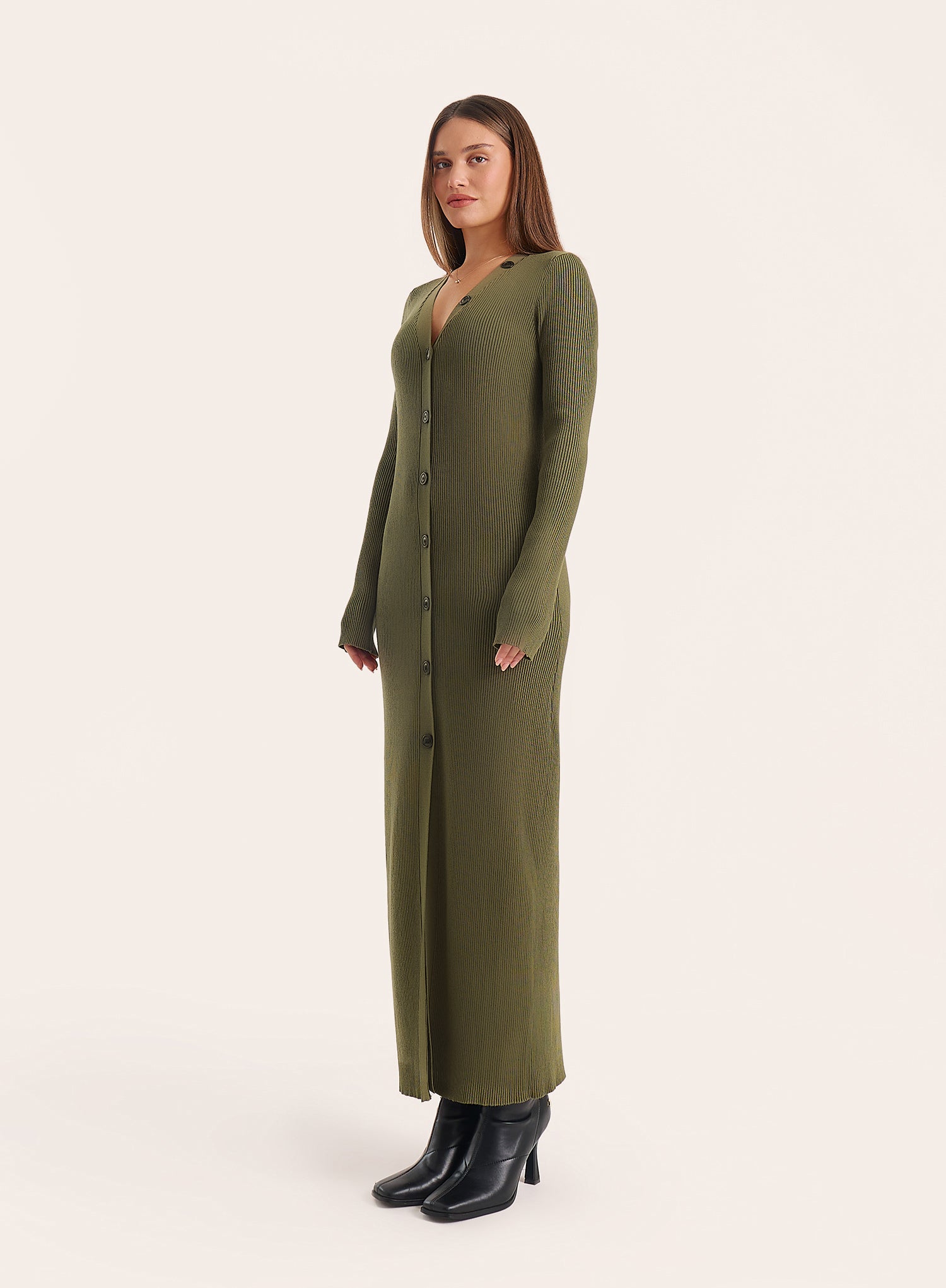 Olive V Neck Knitted Longline Cardigan